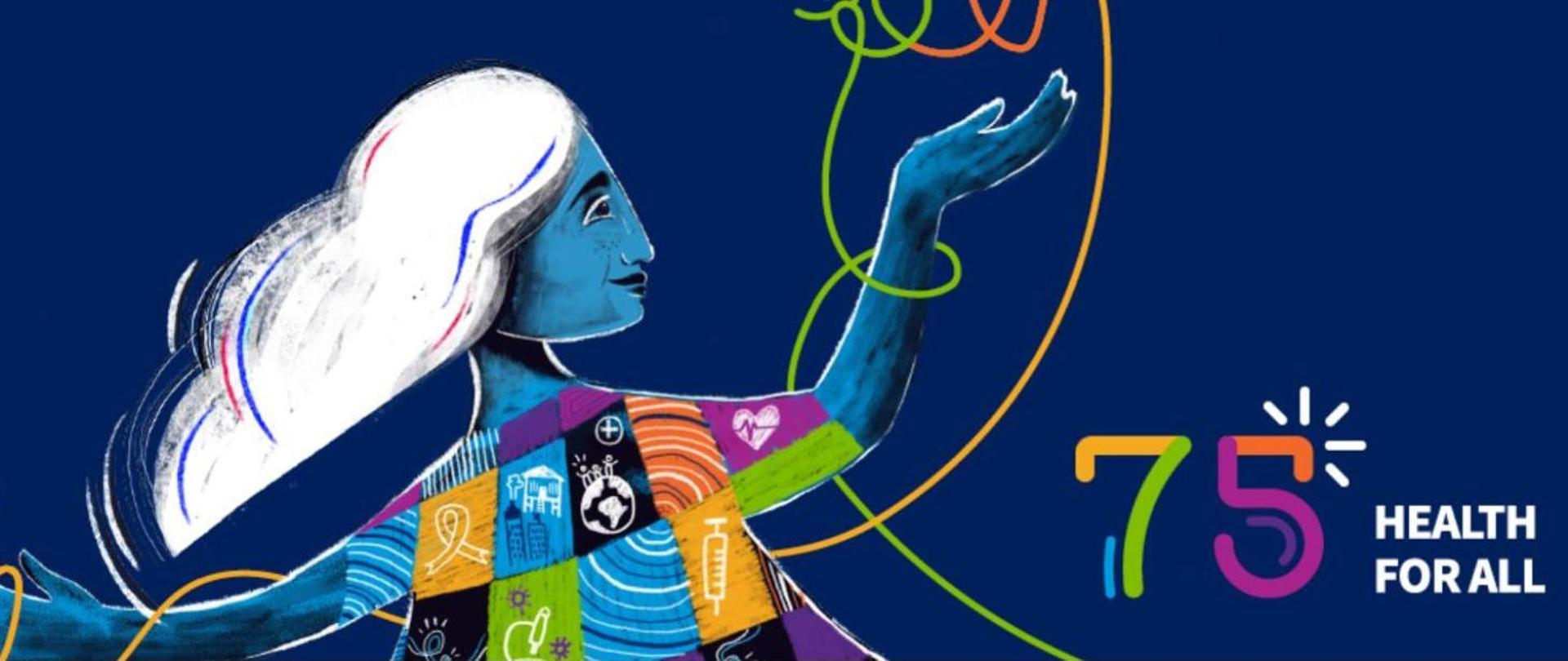 Na granatowym tle namalowana kobieta, obok napis "75 HEALTH FOR ALL"