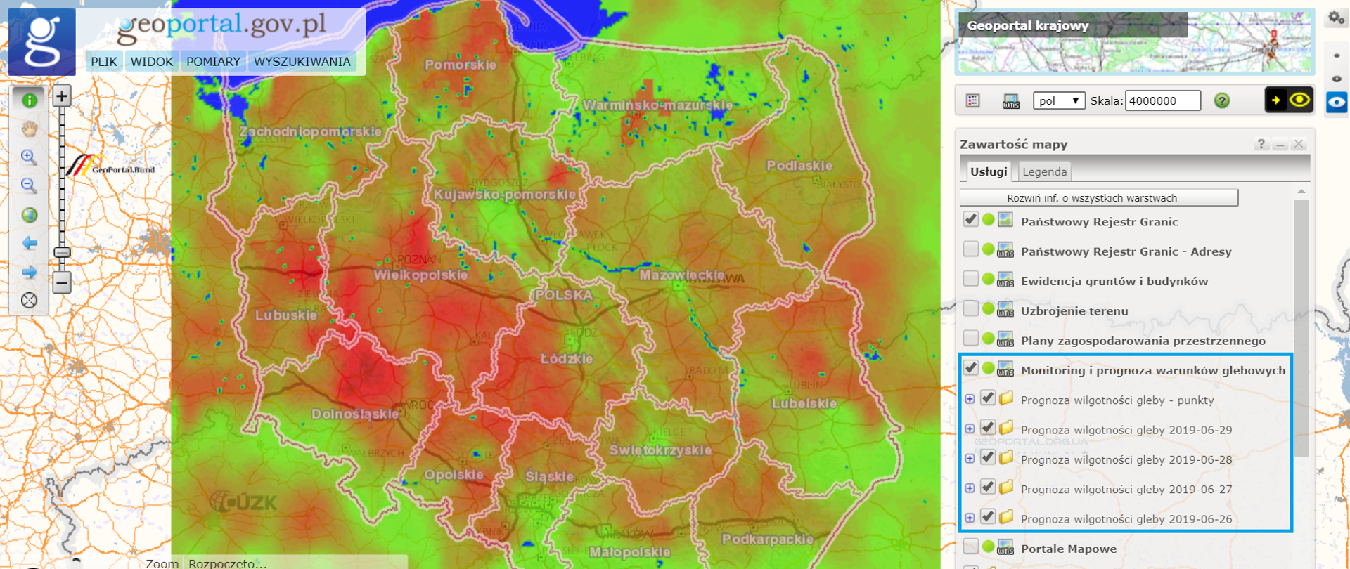na mapie Polski kolorem czerwonym zaznaczone tereny suszy
