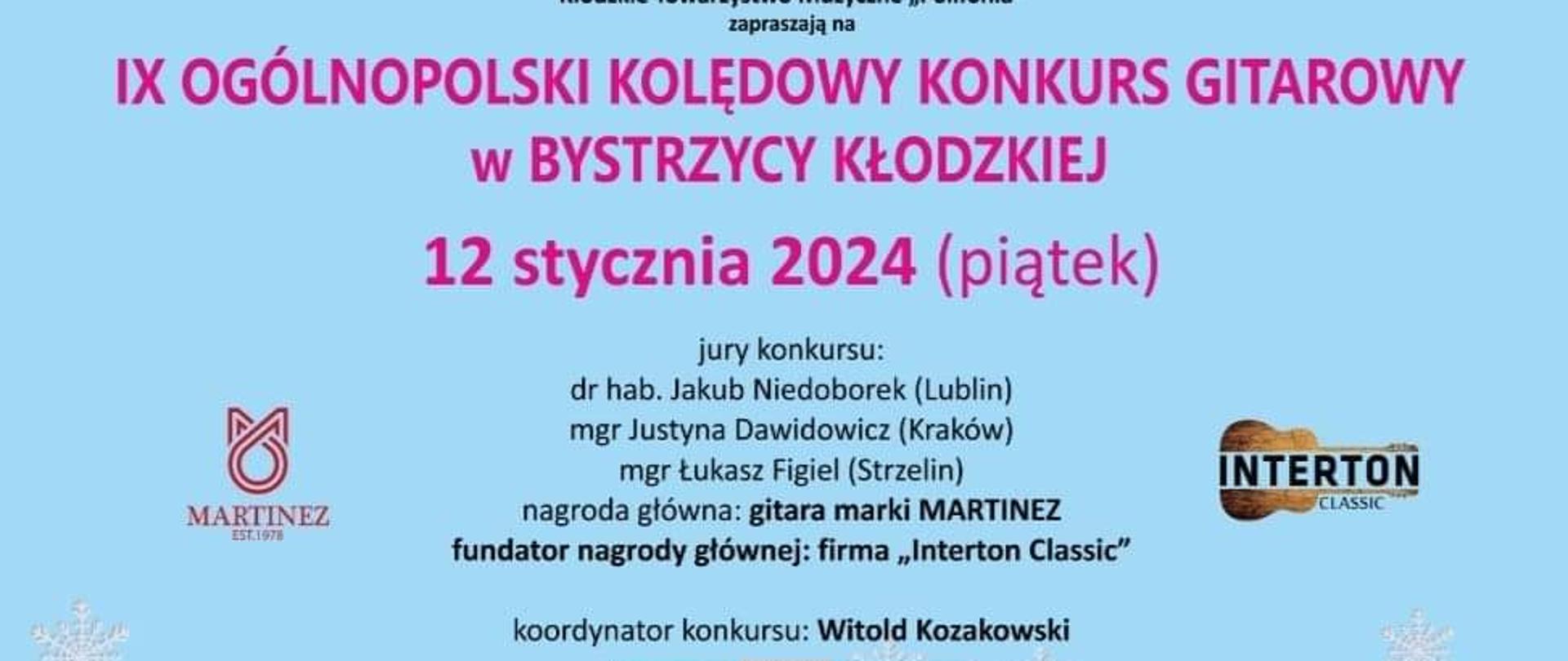 Zdjęcie przedstawia plakat promujący IX Ogólnopolski Kolędowy Konkurs Gitarowy z dnia 12 stycznia 2024