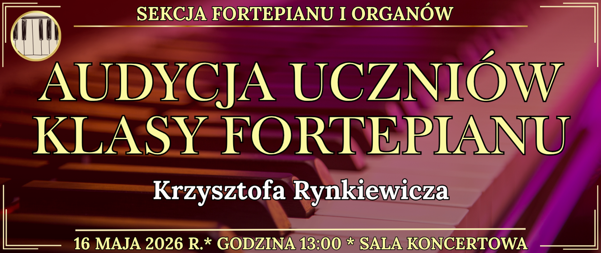 baner w tle klawiatura fortepianu oraz informacja o wydarzeniu