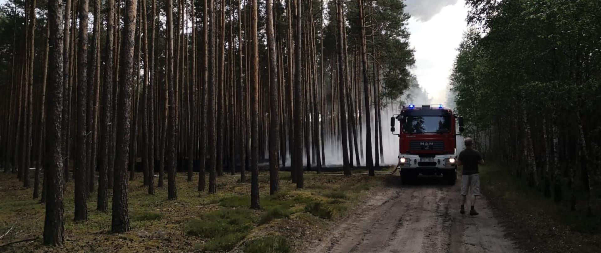 Zdjęcie przedstawia akcję gaśniczą pożaru poszycia leśnego w Bledzianowie- Aniołki. Na zdjęciu widać samochód gaśniczy z którego podawana jest woda w celu ugaszenia pożaru. Nad pojazdem widoczny samolot gaśniczy , który zrzuca wodę na palące się poszycie leśne. Zdjęcie wykonane w porze dziennej na terenie lasu.