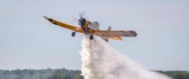 Samolot PZL M18B podczas zrzutu bomby wodnej na miejsce pożaru.