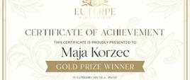 Fragment dyplomu Laureata Złotej Nagrody dla Mai Korzec w Międzynarodowym Konkursie Muzycznym EUTERPE MUSIC AWARDS.