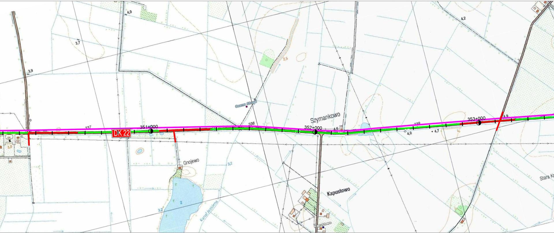 Mapa przedstawiająca planowane zadania w ramach przebudowy DK22 na odcinku Gnojewo - Cisy