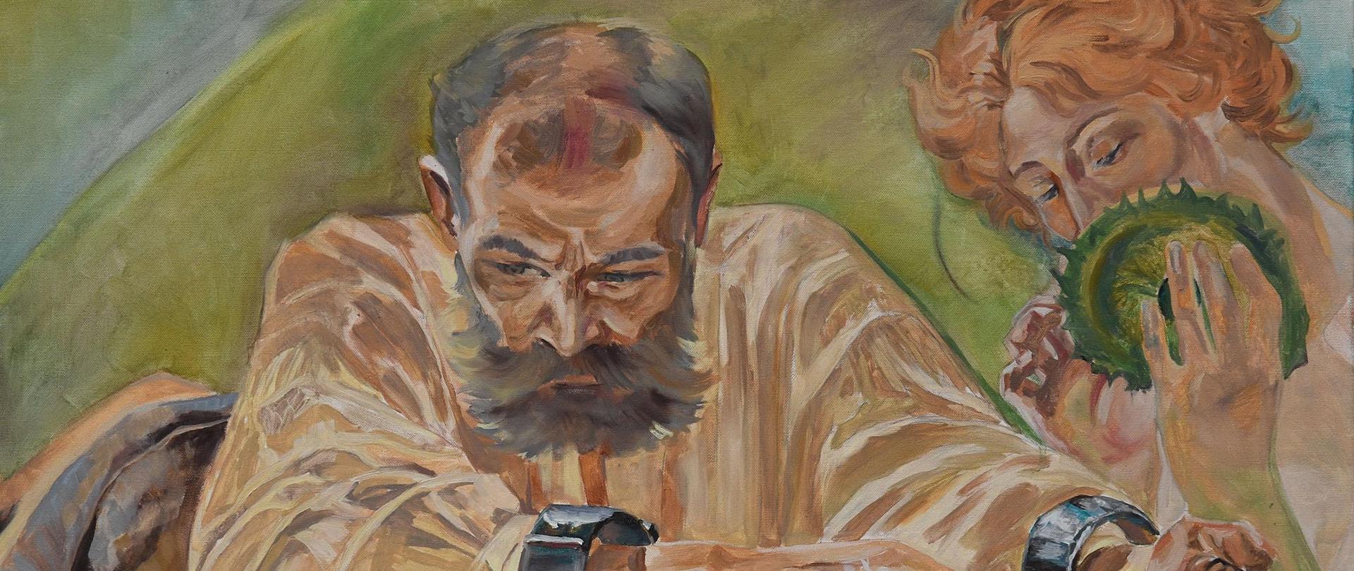 obraz przedstawia brodatego mężczyznę w kajdanach, obok kobieta