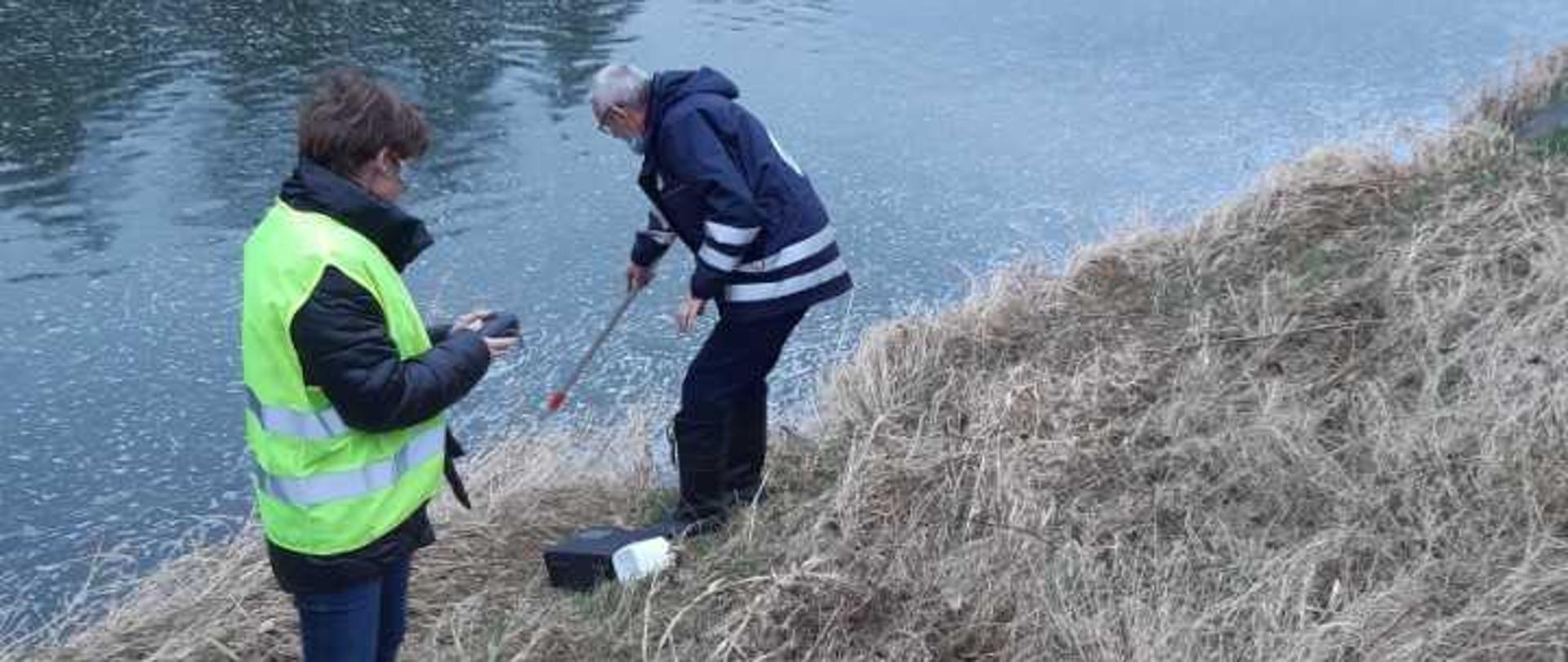 Inspektorzy WIOS pobierający próbki wody z rzeki