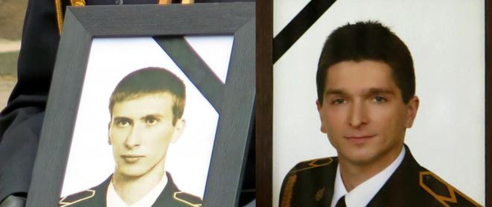 Widoczne pamiątkowe zdjęcia tragicznie poległych strażaków z KM PSP Białystok