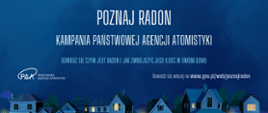 Grafika zatytułowana Kampania Poznaj radon, w tle osiedle zabudowa jednorodzinna nocą. Po środku hasło: Dowiedz się czym jest radon i jak zmniejszyć jego ilość w swoim domu.
