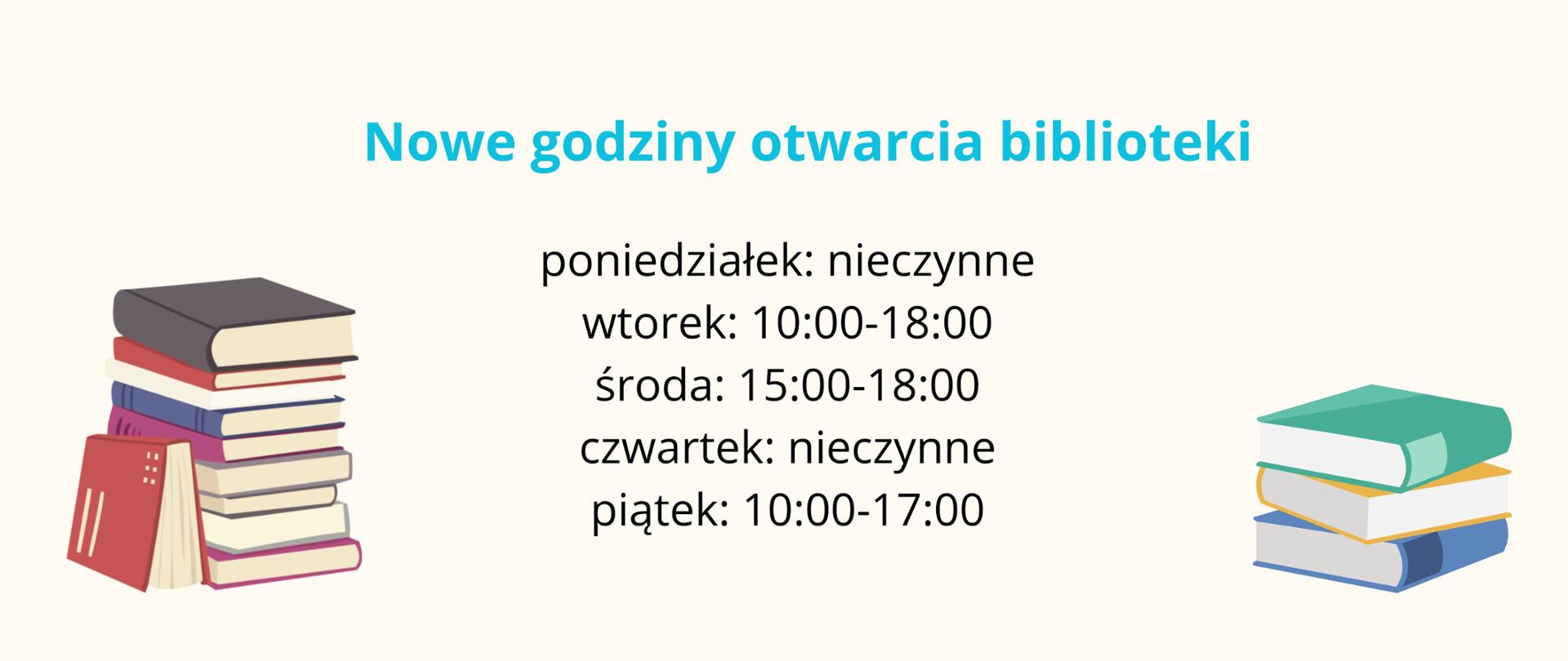 na białym tle po prawej i lewej stronie obrazki przedstawiające książki, na środku napisy informujące o nowych godzinach otwarcia biblioteki
