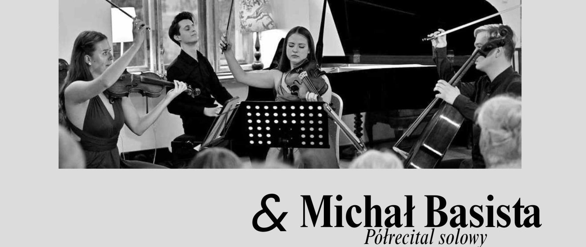 Afisz na koncert, 28.04.2025 godz. 18.30 sala koncertowa. Na szarym tle napis informacyjny i zdjęcie wykonawców.