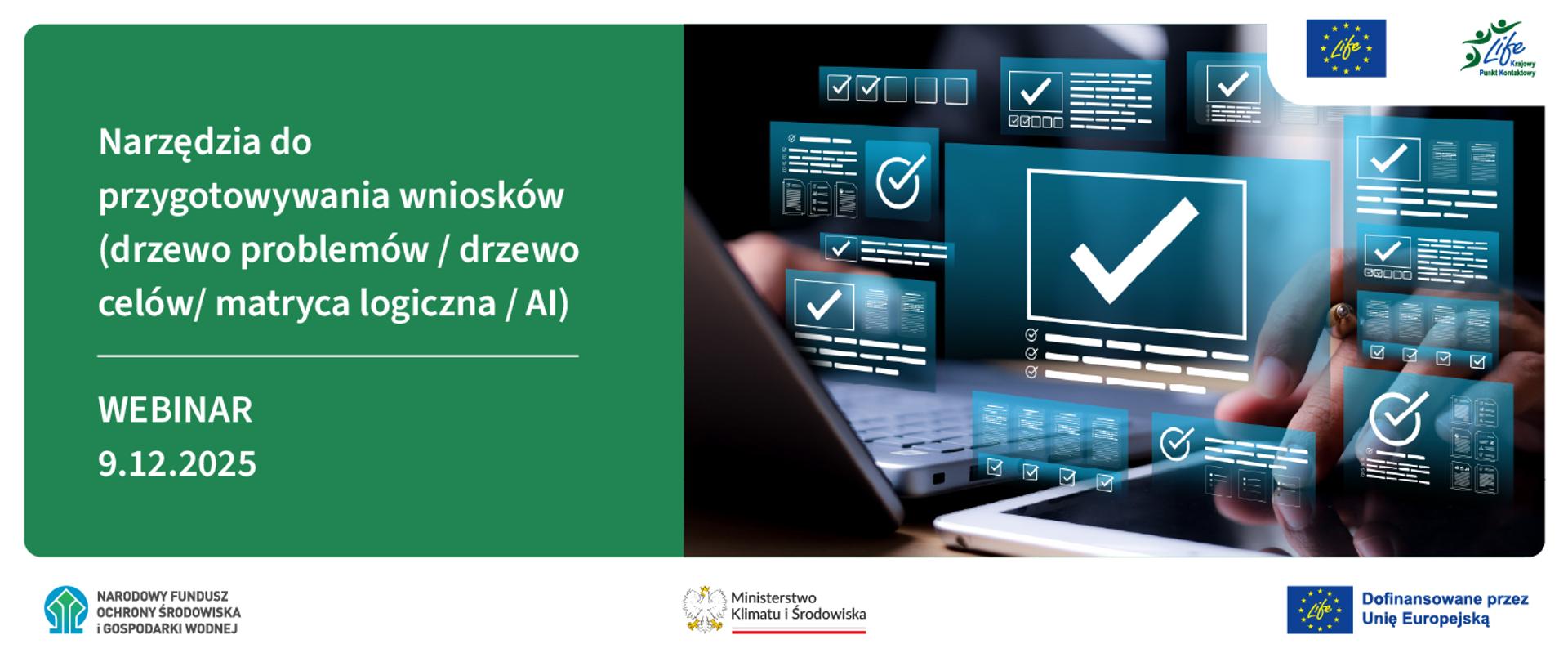 Grafika ilustracyjna. Narzędzia do przygotowania wniosków. Webinar 9.12.2025