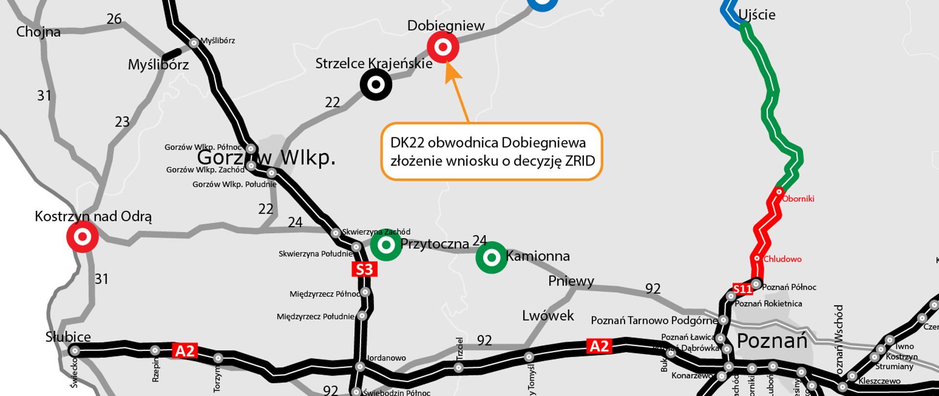 Infografika zawierająca fragment mapy z zaznaczoną lokalizacją obwodnicy Dobiegniewa i informacją o złożeniu wniosku.