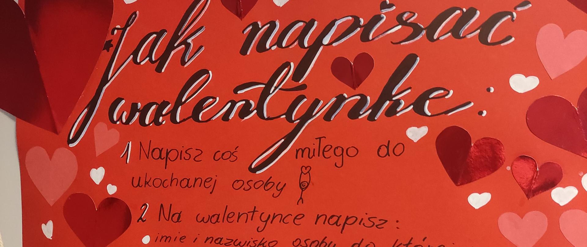 Na różowym tle z serduszkami duży napis jak napisać walentynkę, pod napisem treść napisz coś miłego do ukochanej osoby