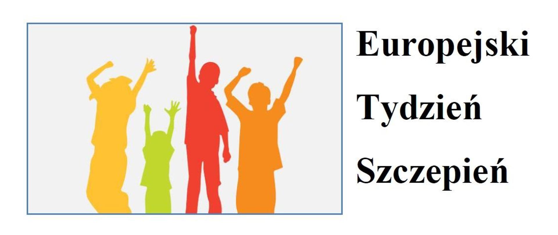 Z lewej strony kolorowe skaczące dzieci, z prawej napis "EUROPEJSKI TYDZIEŃ SZCZEPIEŃ"