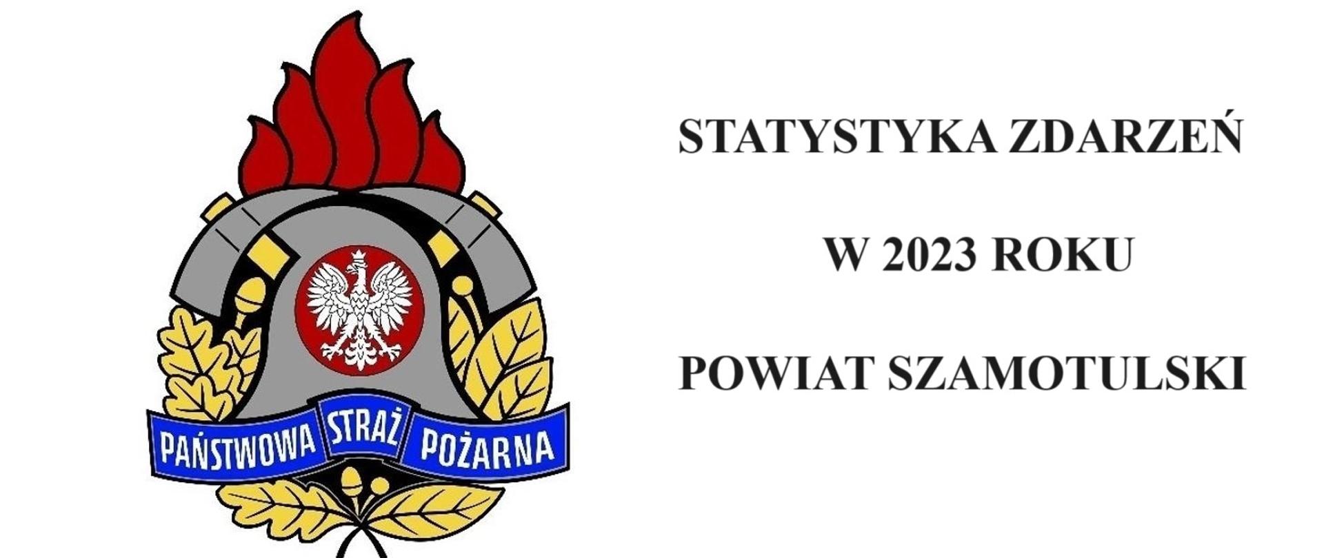 Po lewej logo PSP, po prawej napis statystyka zdarzeń w 2023 roku powiatu szamotulskiego na białym tle