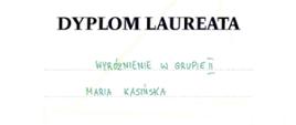 Dyplom laurata konkursu Warszawski Chopin z uzyskanym wyróżnieniem. U dołu podpisy jury.
