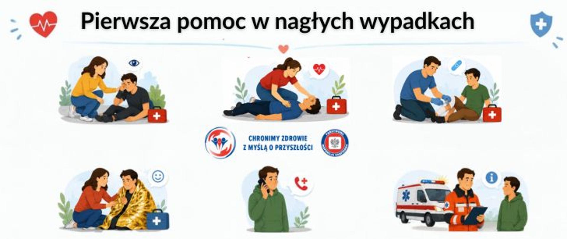Infografika edukacyjna zatytułowana „Pierwsza pomoc w nagłych wypadkach”. Przedstawia sześć ilustracji pokazujących podstawowe działania ratunkowe: udzielanie pomocy osobie poszkodowanej, resuscytację krążeniowo-oddechową, opatrywanie urazu, okrywanie osoby kocem, wzywanie pomocy przez telefon oraz rozmowę z ratownikiem przy karetce. W centrum znajduje się logo Państwowej Inspekcji Sanitarnej wraz z hasłem: „Chronimy zdrowie z myślą o przyszłości”.