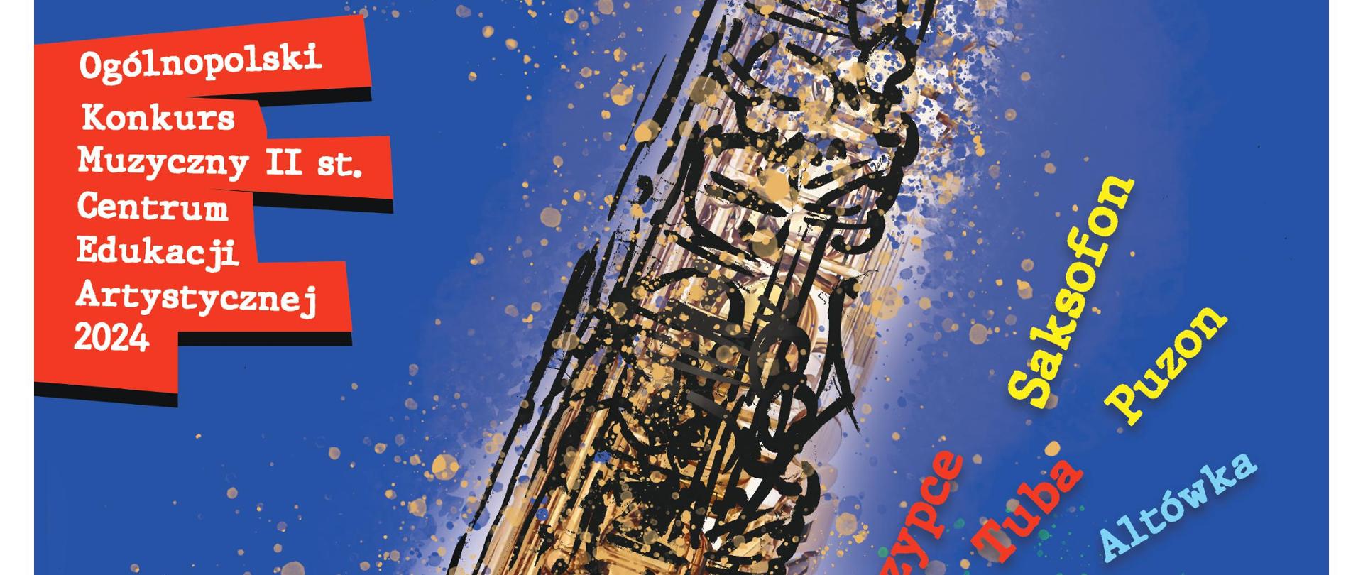 plakat w niebieskiej tonacji zawierający grafikę saksofonu z nazwami instrumentów oraz logo CEA i MKiDN