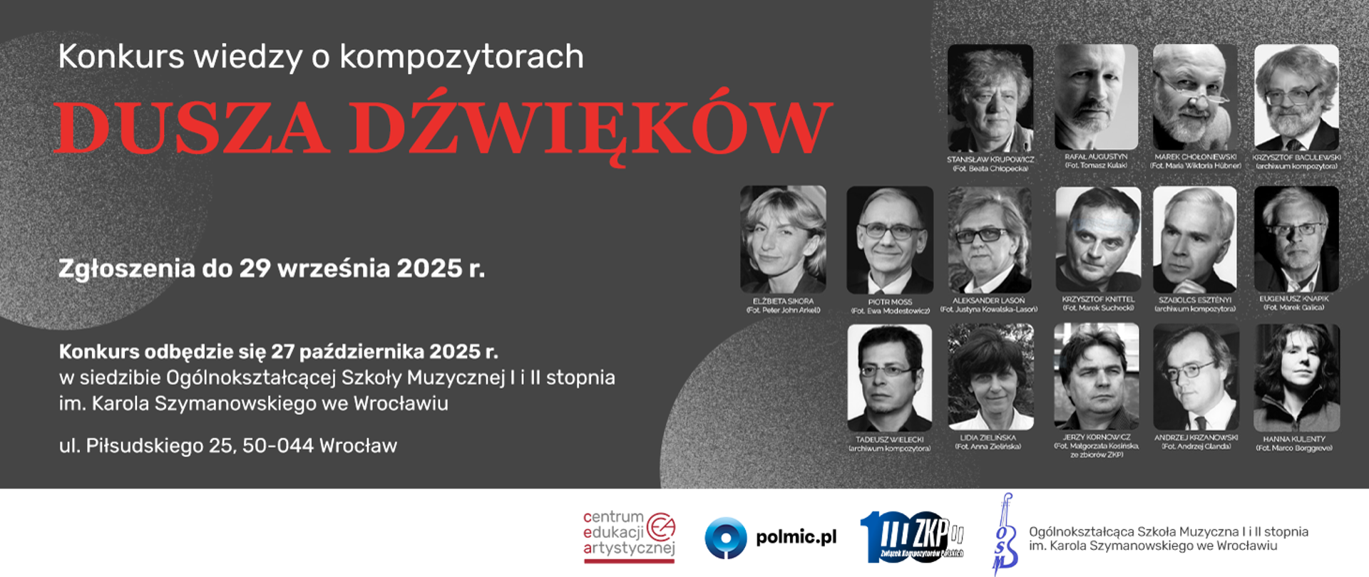 czarno-biały plakat zapowiadający konkurs wiedzy o kompozytorach. Zawiera zdjęcia kompozytorów oraz loga: CEA, szkoły oraz polmic.pl i Związku Kompozytorów Polskich