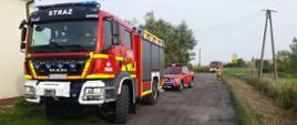 Na pomoc choremu. Na drodze gruntowej stoją dwa wozy strażackie, do których dojeżdża następny. Drogą idzie strażak w czerwonym hełmie i ubraniu koloru piaskowego. Z prawej strony stoi słup energetyczny, w oddali widoczny krzyż przydrożny. W tle zabudowania i drzewa.