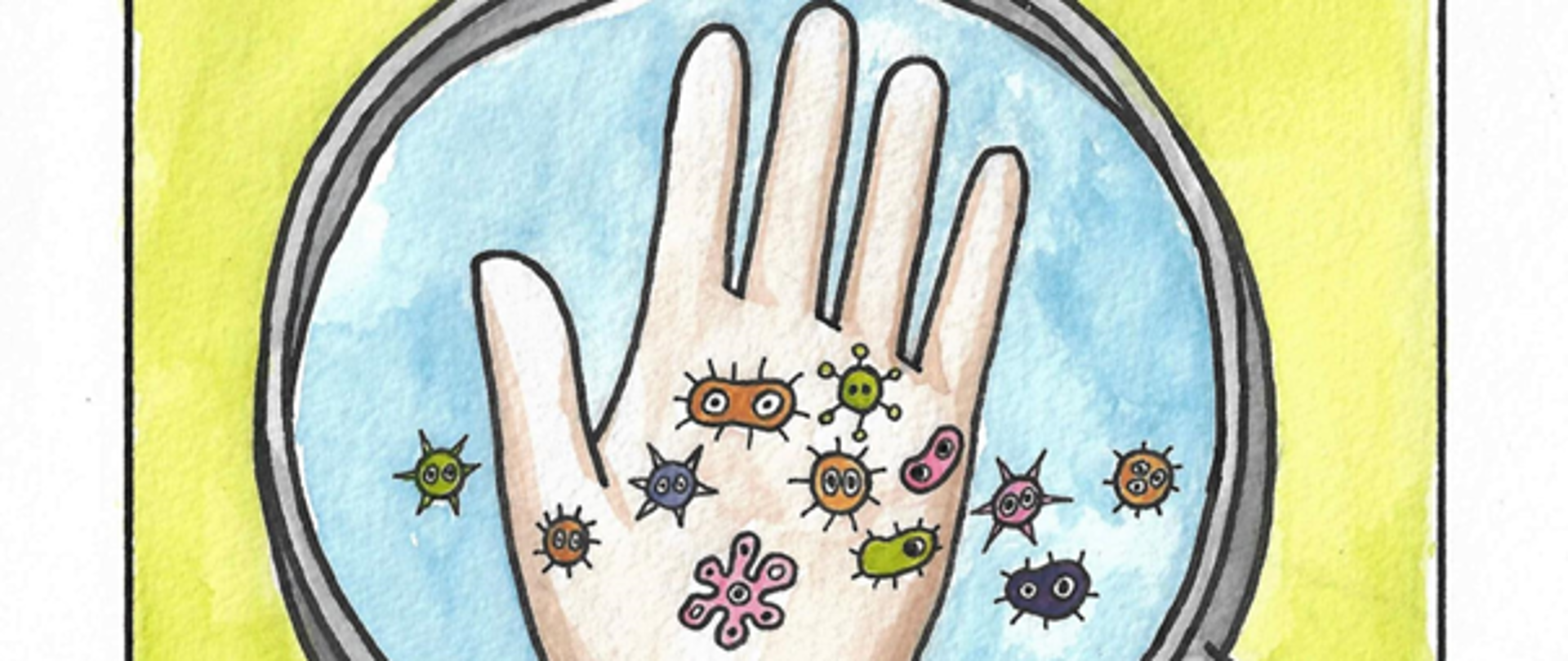 logo kampanii zarazkom sie nie damy. Na zielonym tle znajduje sie reka na ktorej namalowane sa bakterie