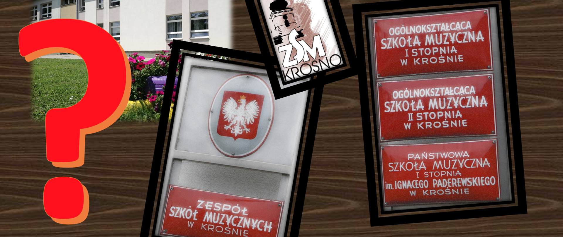 Kolaż oparty na tablicach szkolnych, logotypie i zdjęciu szkoły ze znakiem zapytania po lewej stronie