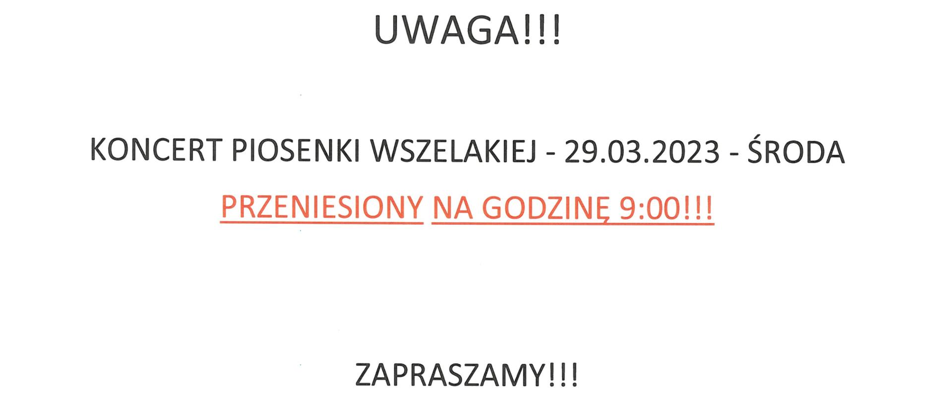 Na białym tle logo szkoły i informacja o aktualnej godzinie Koncertu Piosenki Wszelakiej