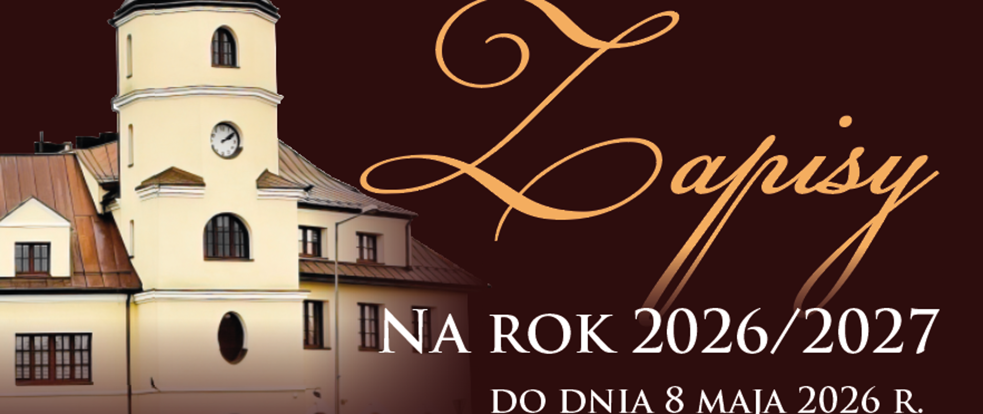 plakat na ciemno-brązowym tle ukazujący z lewej strony częściowo budynek szkoły muzycznej, z prawej czarny fortepian z otwartą klapą, opartymi nutami, krzesełkiem, pomiędzy zdjęciami szkoły i fortepianu informacje dotyczące terminu przesłuchań rekrutacyjnych, które dotyczą poszczególnych instrumentów muzycznych, następnie w dolnej części na kremowym pasku informacje o odpowiednich dokumentach, telefonach kontaktowych oraz adresie szkoły