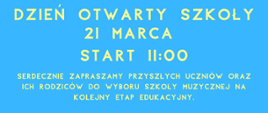 Plakat przedstawia graficzne instrumenty, niebieskie tło i na dole logo szkoły i rady rodziców