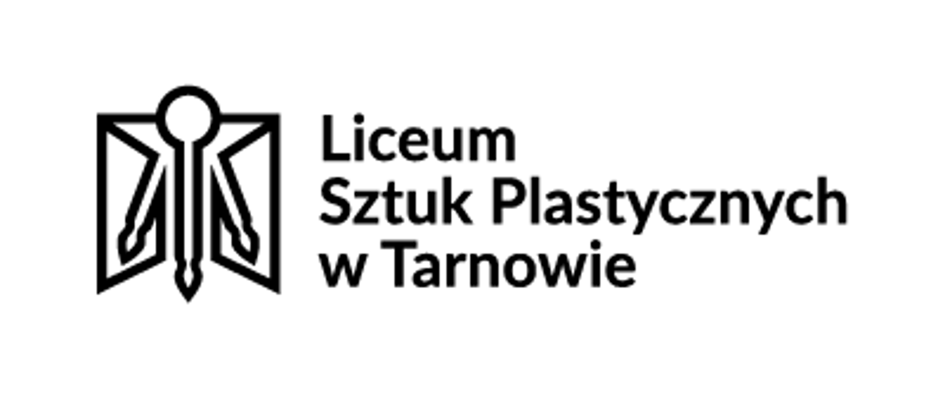 grafika przedstawia po lewej stronie czarny symbol, którego forma stanowi połączenie otwartych skrzydeł okiennych i trzech pędzli malarskich, po prawej stronie czarny napis Liceum Sztuk Plastycznych w Tarnowie