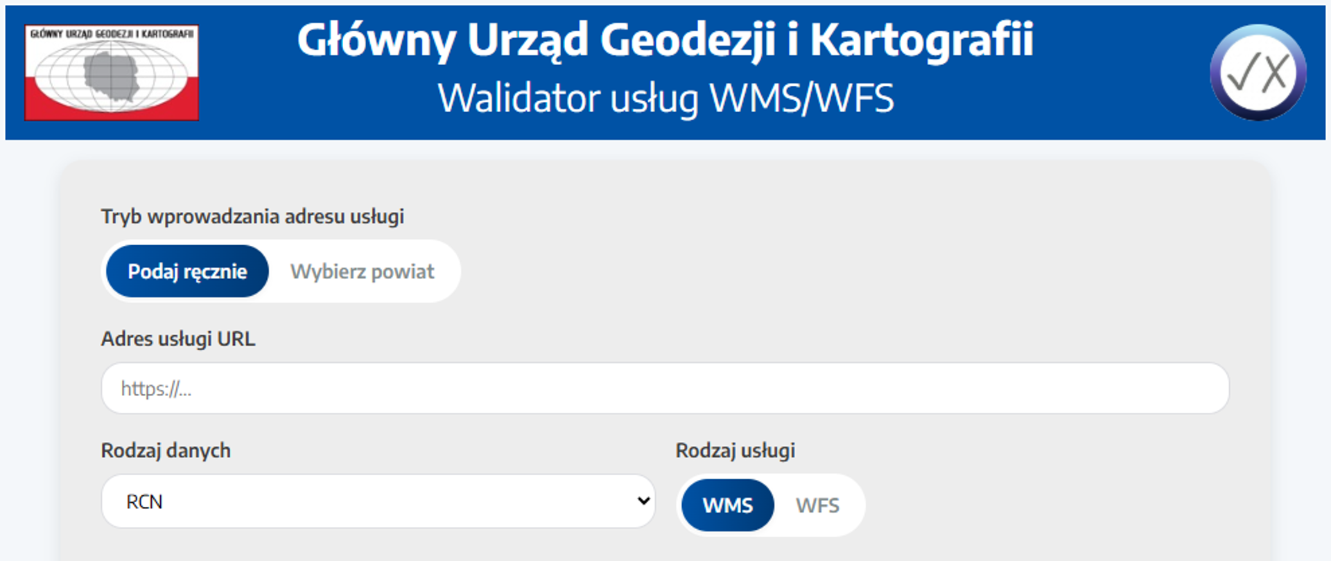 Zrzut ekranu z walidatora usług WMS/WFS dla RCN