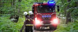 Dojazd pożarowy nr 28, na którym stoi średni samochód ratowniczo-gaśniczy. 2 strażacy rozwijają linie wężowe. Dookoła gęsty las.