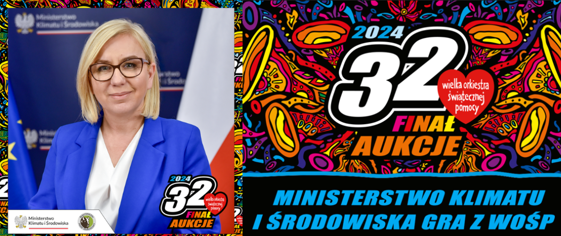 Minister klimatu i środowiska obok baneru informującego o aukcji WOŚP.