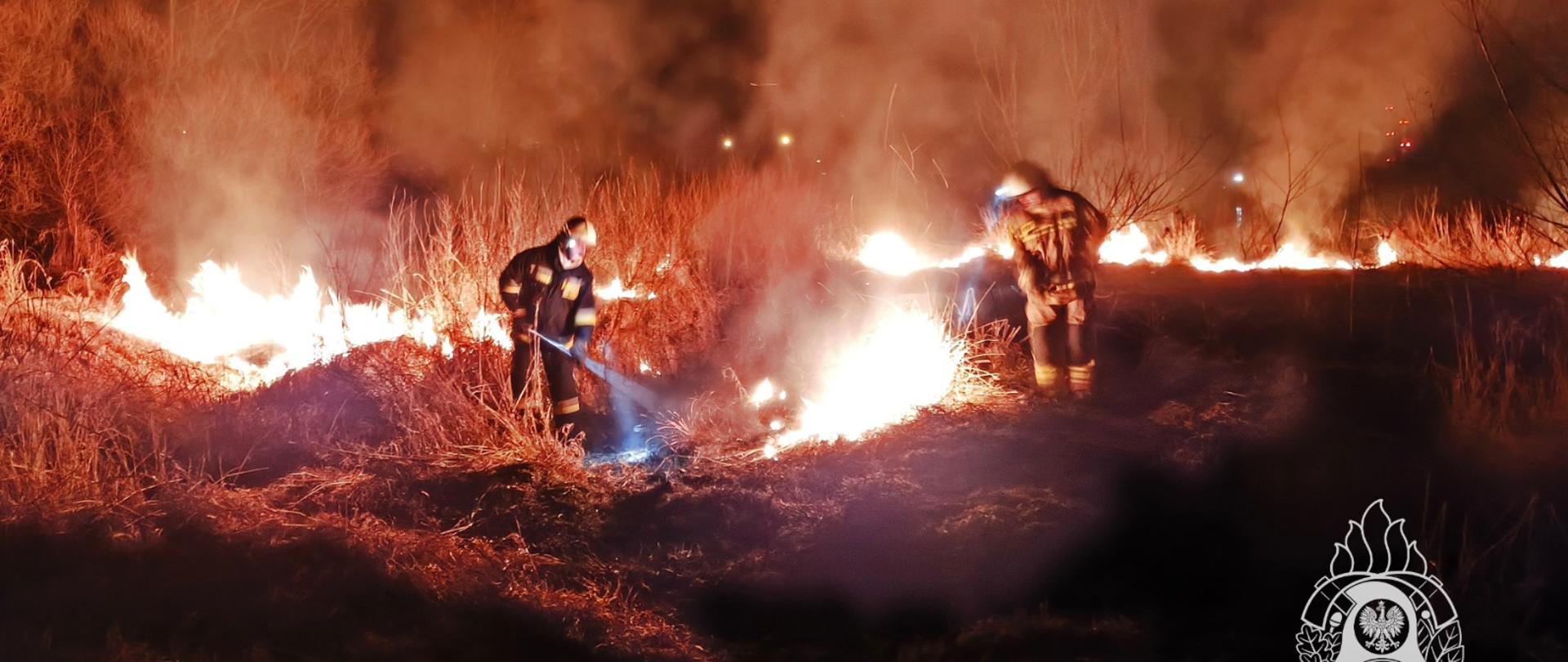 Na zdjęciu widoczny jest pożar traw w nocy. Dwóch strażaków w pełnym ekwipunku gasi płomienie, które rozprzestrzeniają się po suchych trawach. W tle widać dym unoszący się nad płonącą roślinnością. W górnej części obrazu znajduje się duży, czerwony znak STOP oraz żółty napis "WYPALANIU TRAW!". W prawym dolnym rogu widnieje logo Państwowej Straży Pożarnej oraz informacja o Komendzie Miejskiej PSP w Tarnowie.