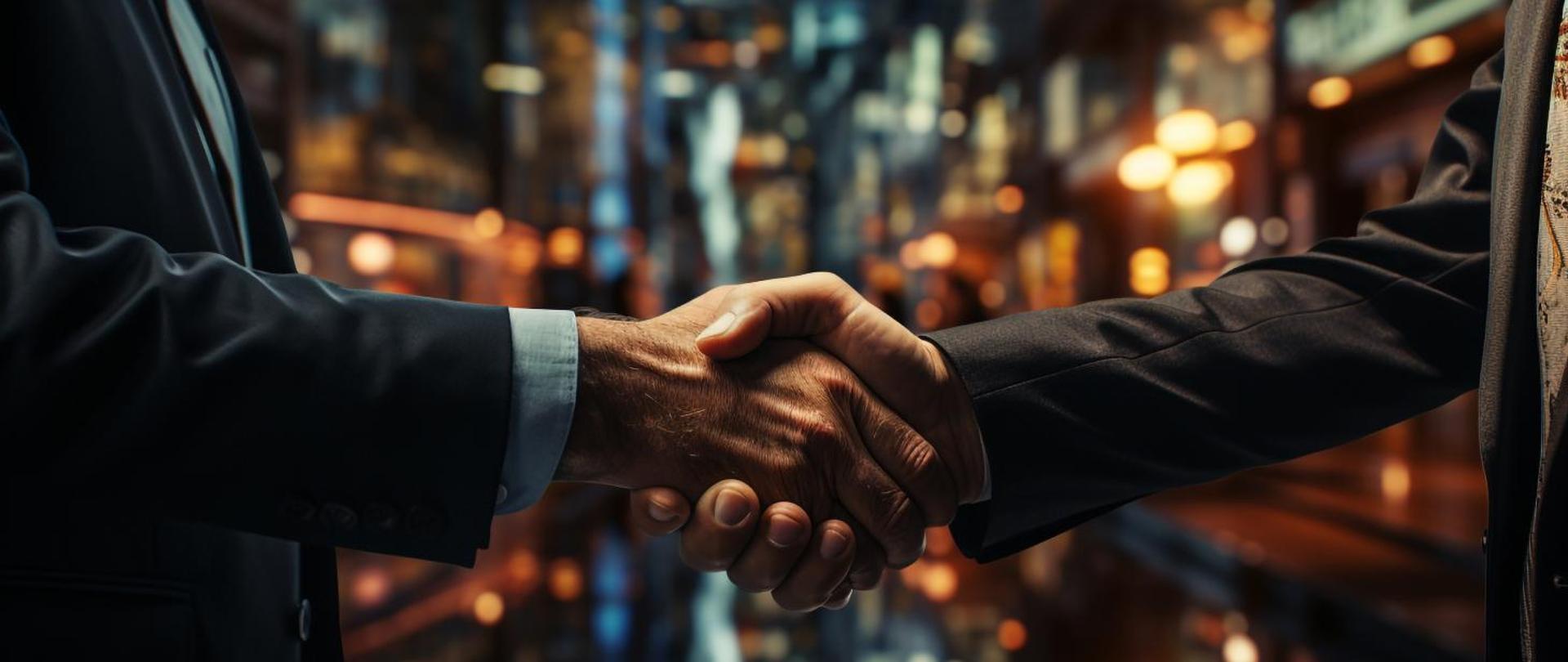 Na grafice widać zaciśnięte dłonie dwóch osób - gratulujących sobie. 