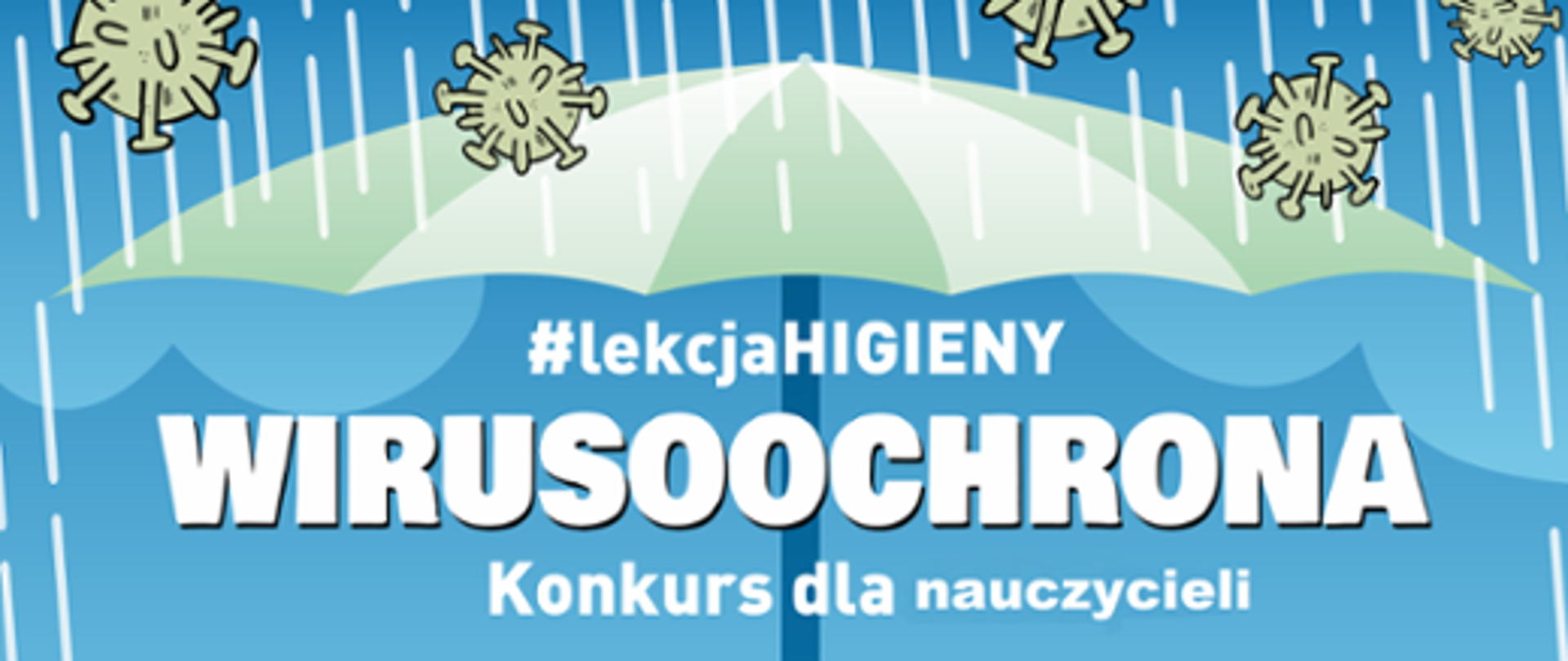 Na niebieskim tle znajduje się zielony parasol na który spadają krople deszczu, oraz graficzne symbole wirusów.