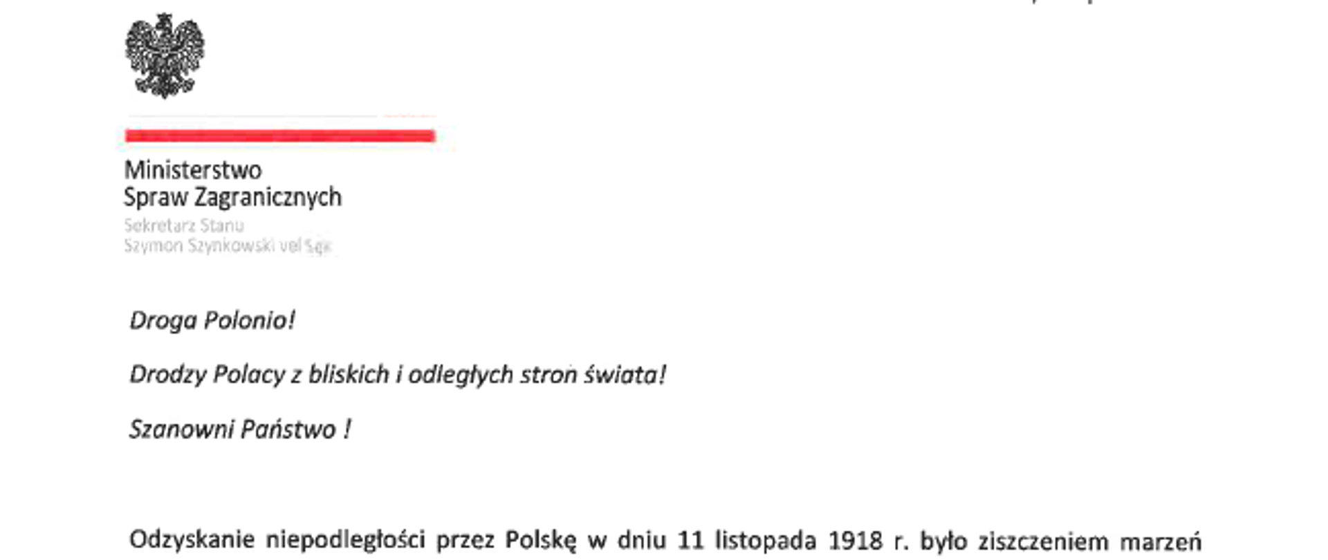 Życzenia sekretarza stanu ds. Polonii Szymona Szynkowskiego vel Sęka