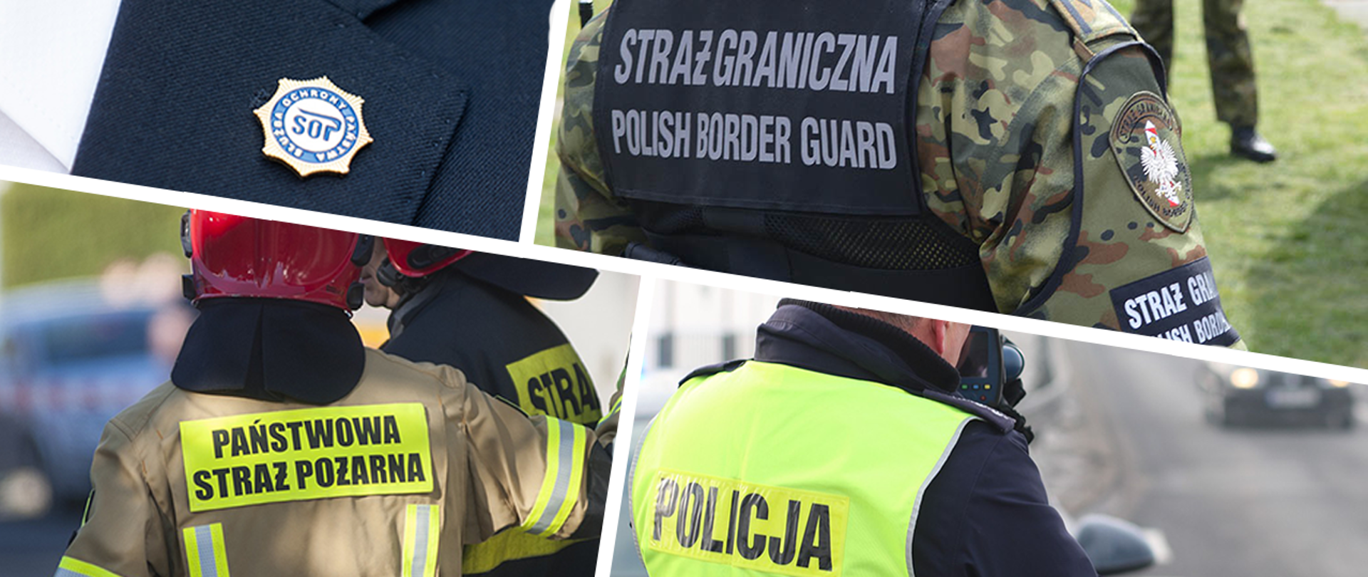 Zdjęcia funkcjonariuszy Policji, Straży Granicznej, Państwowej Straży Pożarnej i Służby Ochrony Państwa.