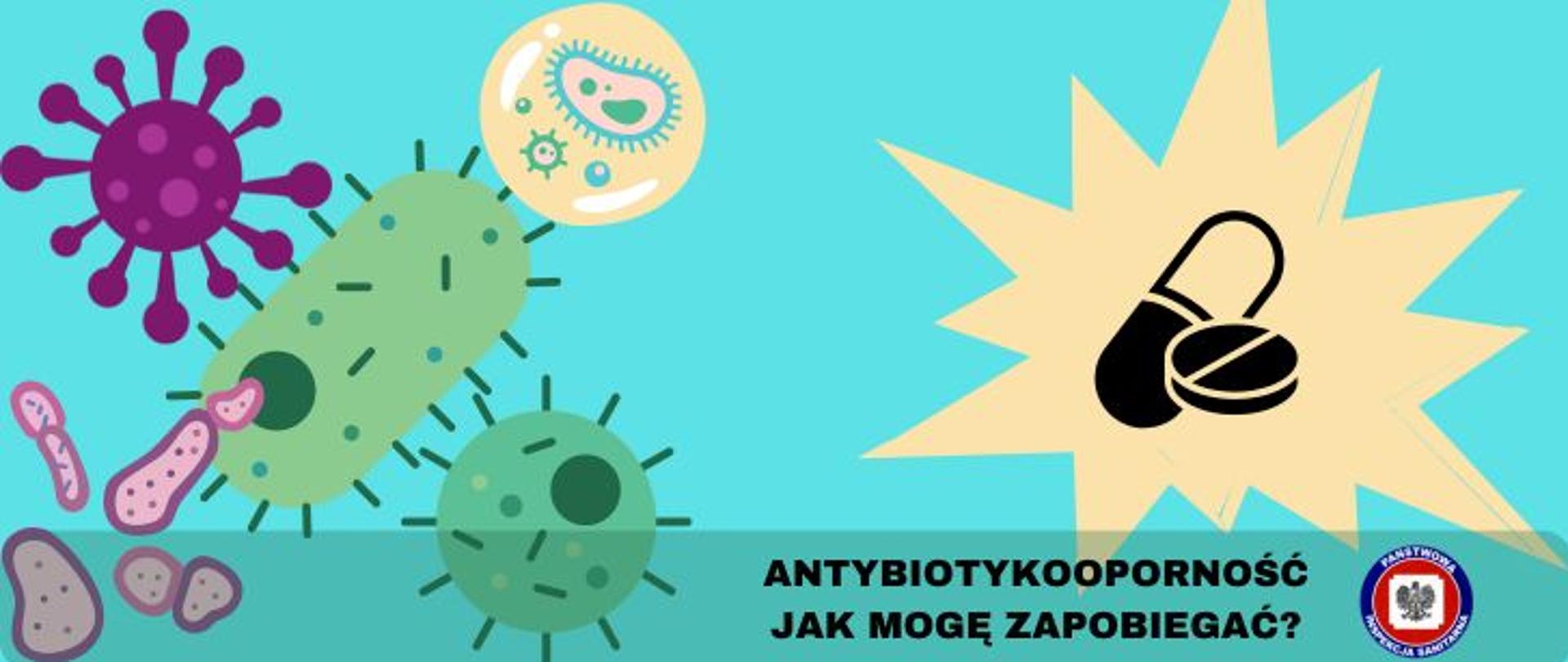 Na turkusowym tle, po lewej różnego rodzaju bakterie przedstawione w sposób graficzny i kolorowy, po prawej dwie tabletki antybiotyku (pastylka i kapsułka) w żółtej, poświacie w stylu komiksowym. Na dole półprzeźroczysty pasek z ciemnym napisem antybiotykooporność jak mogę zapobiegać?, z jego prawej strony logo Państwowej Inspekcji Sanitarnej.