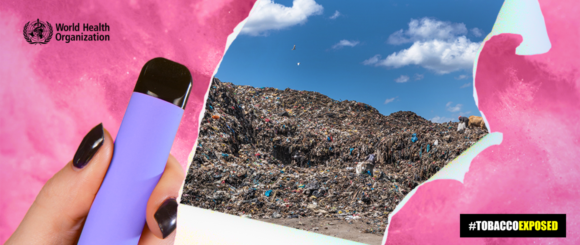 Grafika przedstawia elektroniczny wyrób tytoniowy na tle wysypiska śmieci