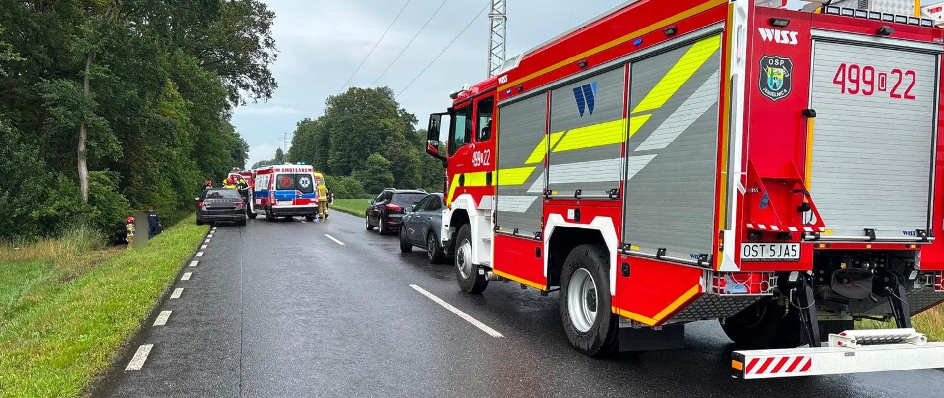 Na zdjęciu znajduje się samochód osobowy stojący na poboczu, samochód osobowy znajdujący się w rowie, w tle widać strażaków i karetkę pogotowia oraz wóz strażacki