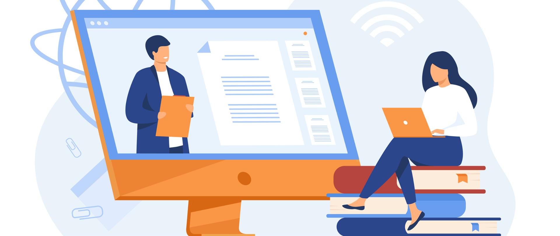 Grafika kreskówkowa - kobieta siedzi na książkach i słucha wykładowcy, który jest na ekranie dużego monitora. Designed by pch.vector / Freepik