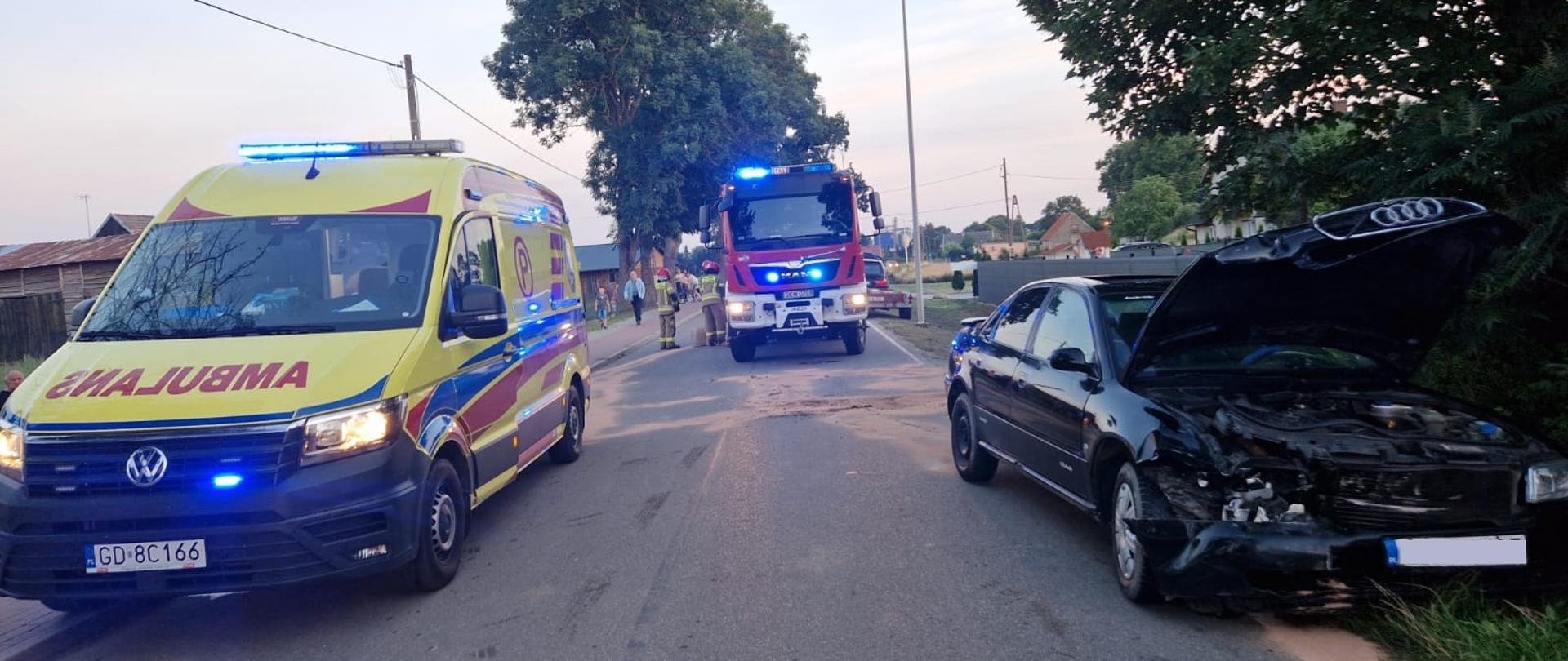 Na ulicy stoi ambulans Zespołu Ratownictwa Medycznego, samochód pożarniczy oraz samochód biorący udział w wypadku.