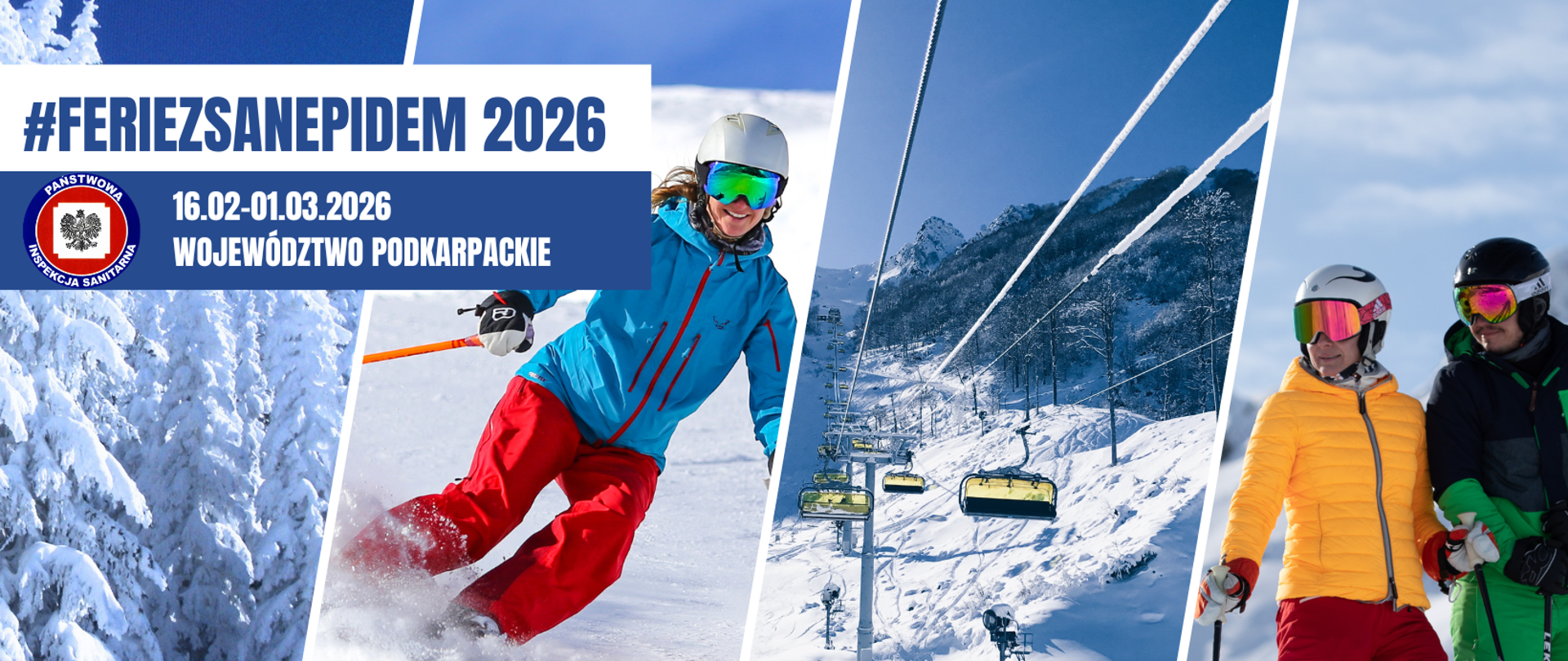 Grafika przedstawia cztery zdjęcia: zimowe sporty, narciarzy, stok 