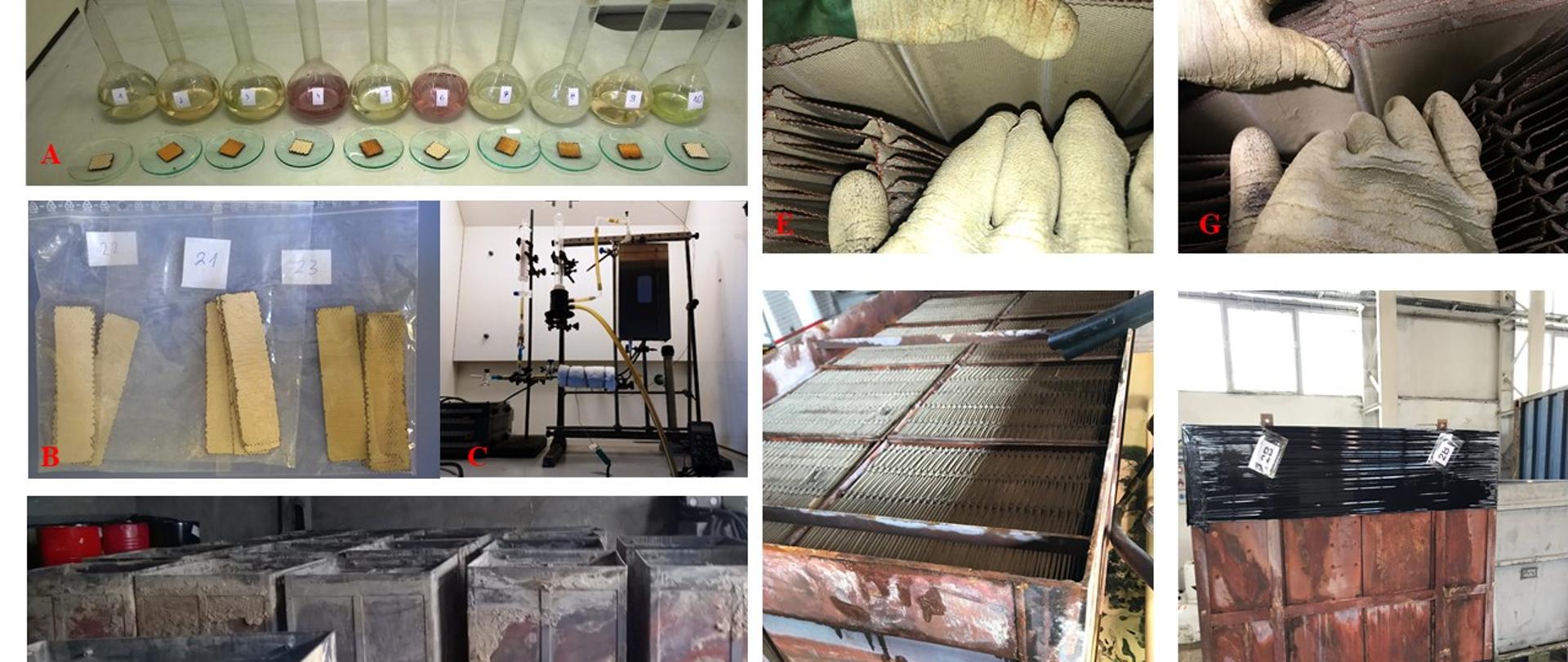 A-C laboratoryjne etapy prac badawczych, D-H – etap prac wdrożeniowych. A - selekcja roztworów i optymalizacja procesu oczyszczania katalizatorów, B – skalowanie procesu oraz badania fizykochemiczne płytek katalizatora, C - reaktor przepływowy do ewaluacji procesu oczyszczania katalizatorów symulujący odcinek bloku katalitycznego, D – zapylone i zdezaktywowane przemysłowe bloki katalityczne przed oczyszczaniem, E – katalizator przemysłowy poddany wstępnym procesom oczyszczania, F – katalizator przemysłowy po jednym z etapów oczyszczania, G – katalizator przemysłowy po procedurze oczyszczania z widocznymi wizualnymi efektami oczyszczenia powierzchni w porównaniu z zdj. E, H – blok katalizatora przemysłowego gotowy do zamontowania w elektrowni.