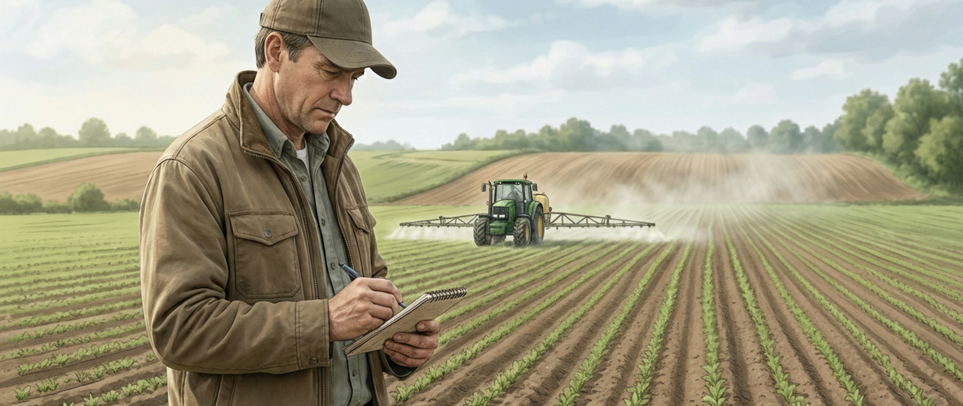 Zdjęcie przedstawia rolnika stojącego na polu uprawnym trzymającego notes o realistycznym rozmiarze i zapisującego notatki długopisem.