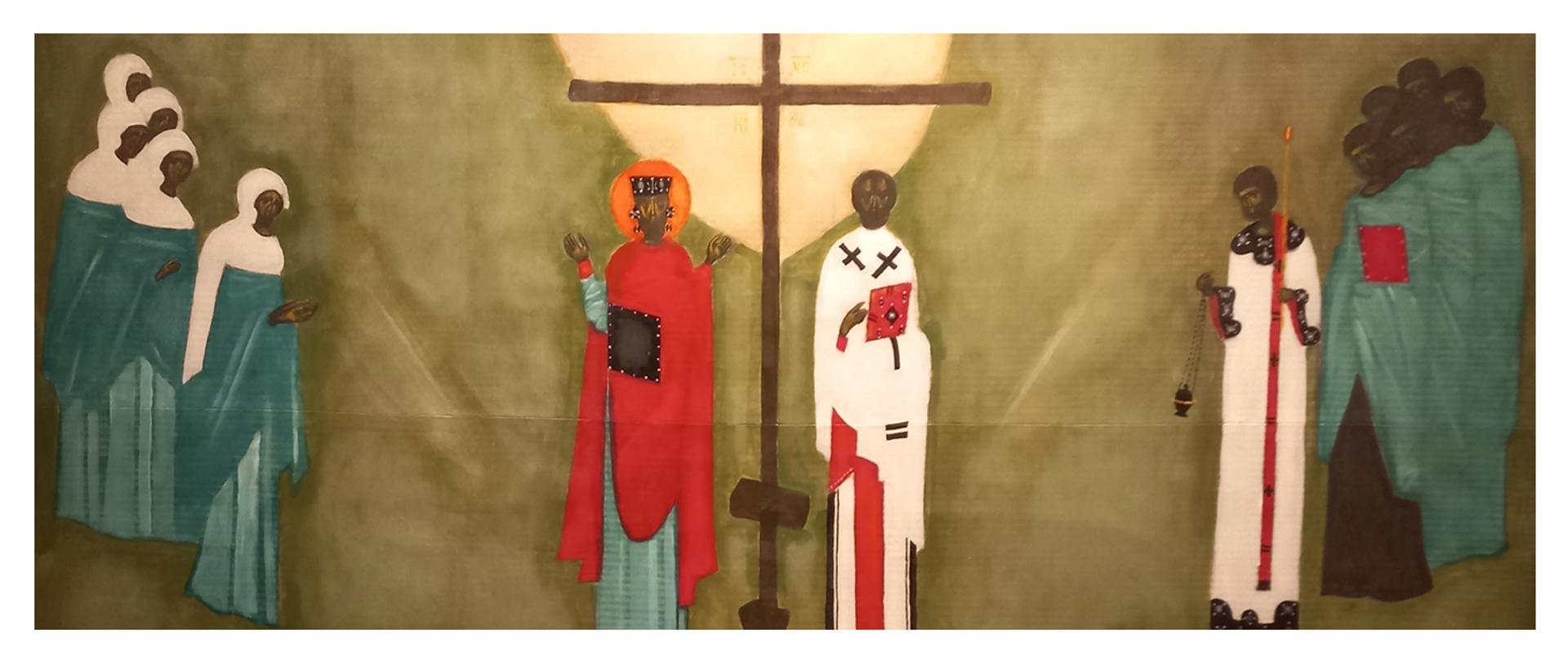 ikona z krzyżem prawosławnym i postaciami świętych