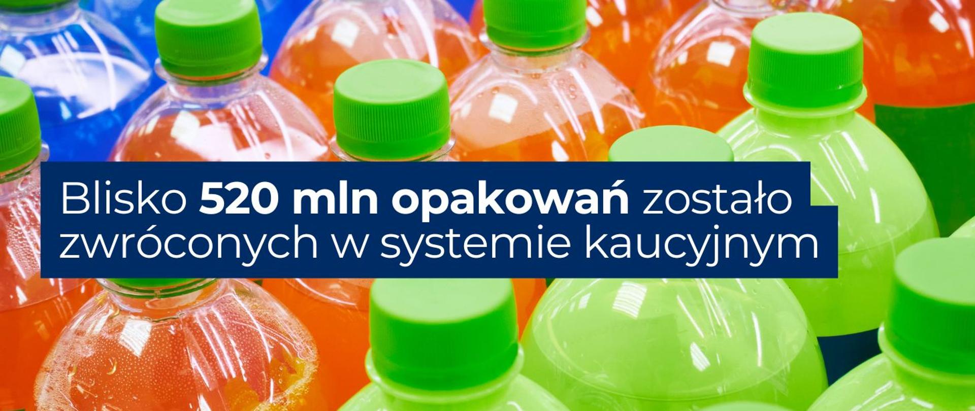 baner z napisem: Blisko 520 mln opakowań zostało zwróconych w systemie kaucyjnym. W tle widoczne jest zdjęcie butelek PET z kolorowymi napojami. 