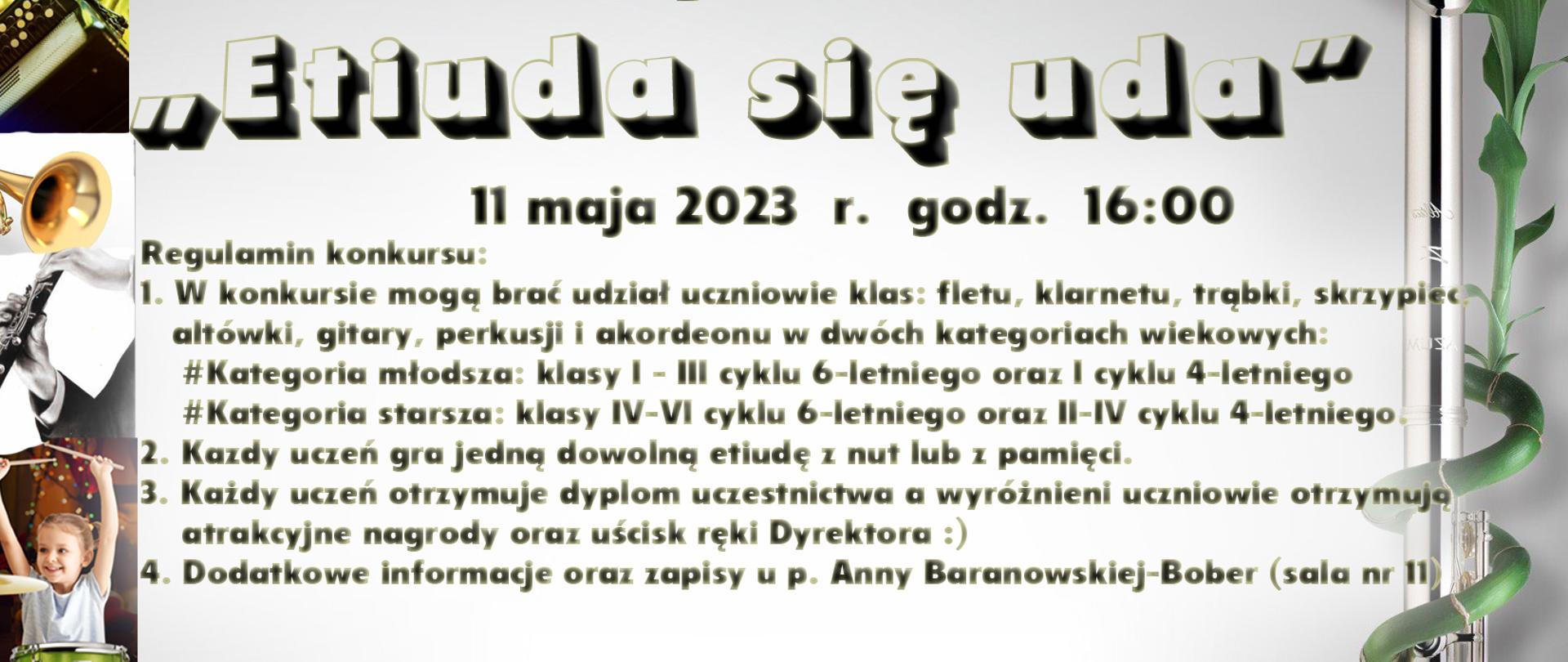 na plakacie widoczne są informacje o konkursie Etiuda się uda oraz instrumenty muzyczne