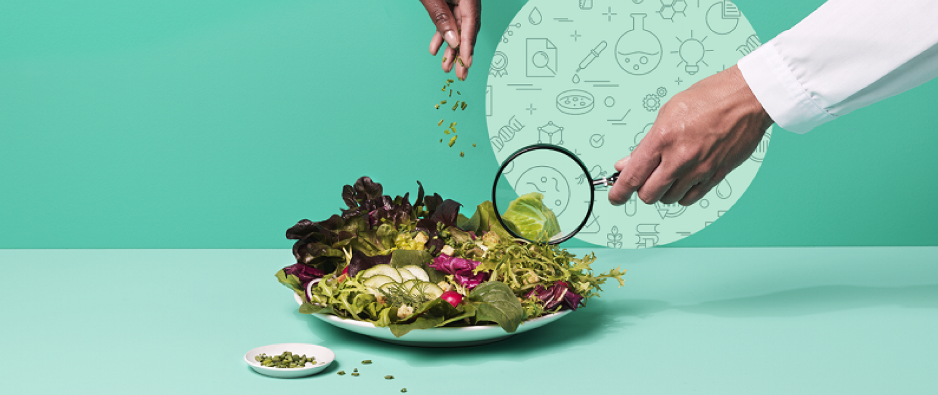 Plakat promujący II edycję kampanii informacyjnej „Wybieraj Bezpieczną Żywność” #EUChooseSafeFood.”
Na stole w kolorze pastelowym niebiesko turkusowym znajduje się talerz ze zdrową żywnością . Naukowiec z lupą przygląda się znajdującym się tam produktom.